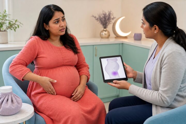 Fully clothed pregnant woman gestures toward her lower pelvis while a clinician shows a highlighted pelvic area on a tablet.