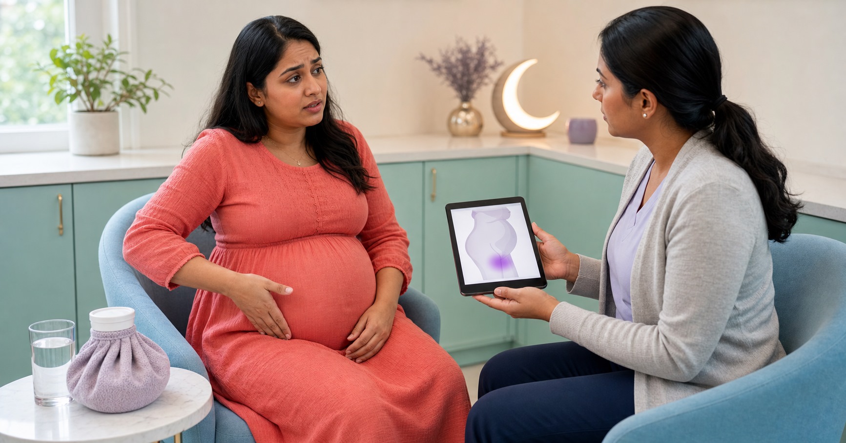 Fully clothed pregnant woman gestures toward her lower pelvis while a clinician shows a highlighted pelvic area on a tablet.