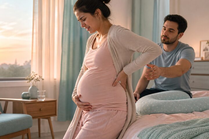 Pregnant woman supports her belly and presses one hand to her sore waist as her partner reaches to help.