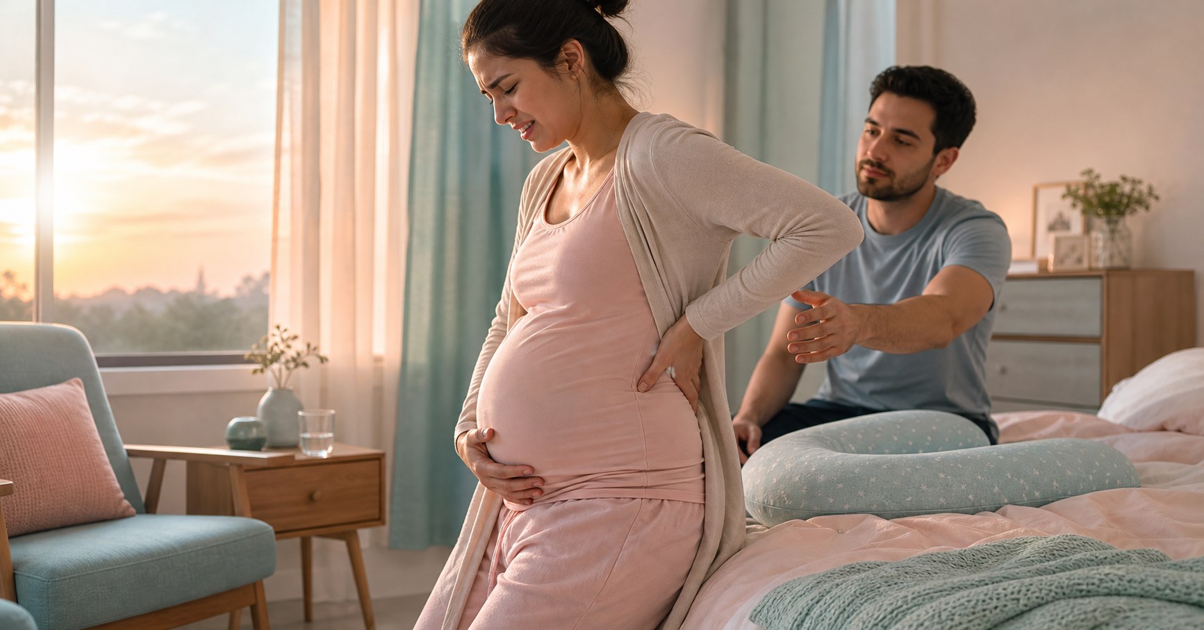 Pregnant woman supports her belly and presses one hand to her sore waist as her partner reaches to help.