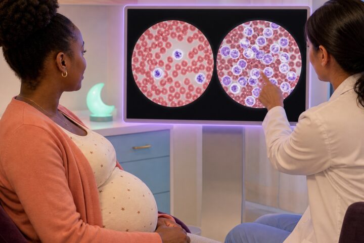 Clinician points to a dense cluster of white blood cells on a monitor while a pregnant woman watches.