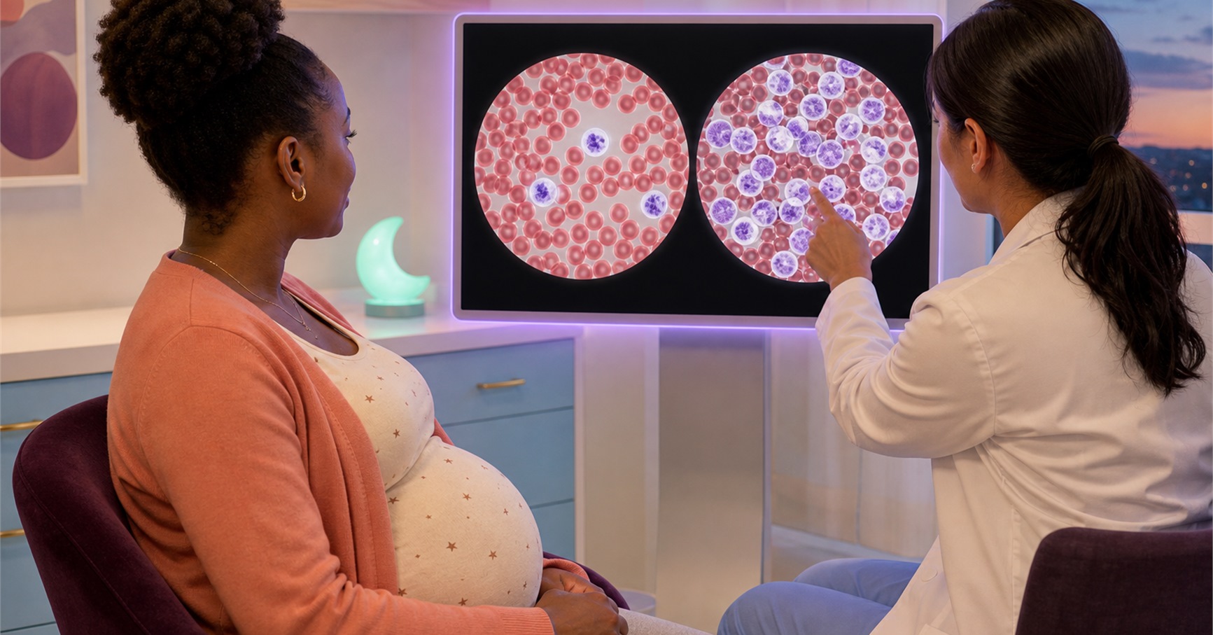 Clinician points to a dense cluster of white blood cells on a monitor while a pregnant woman watches.