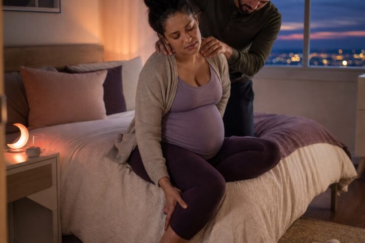 Pregnant woman sitting on a bed rubbing her calf while her partner massages her shoulders.