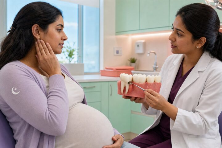 Pregnant dental patient touches the back of her jaw as a dentist points to the rear tooth on a large model.