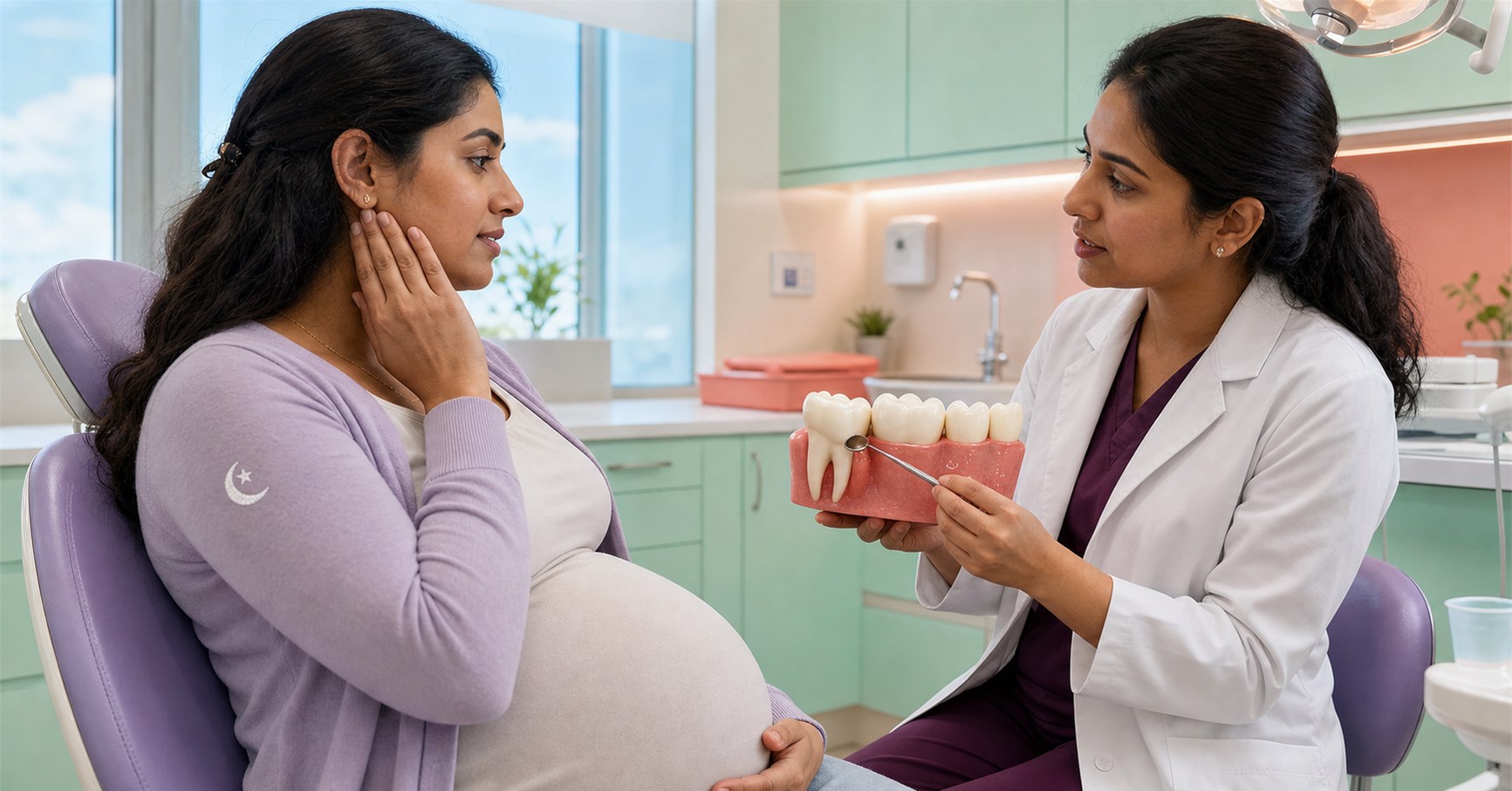 Pregnant dental patient touches the back of her jaw as a dentist points to the rear tooth on a large model.
