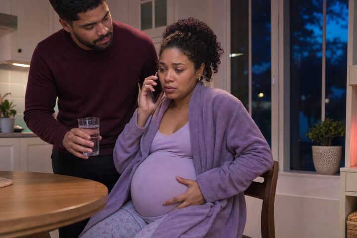 Pregnant woman holds her lower abdomen while speaking on the phone as her partner offers water in an evening kitchen.