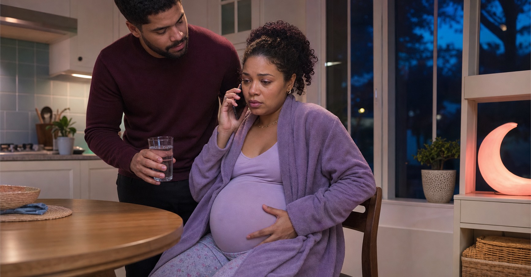 Pregnant woman holds her lower abdomen while speaking on the phone as her partner offers water in an evening kitchen.