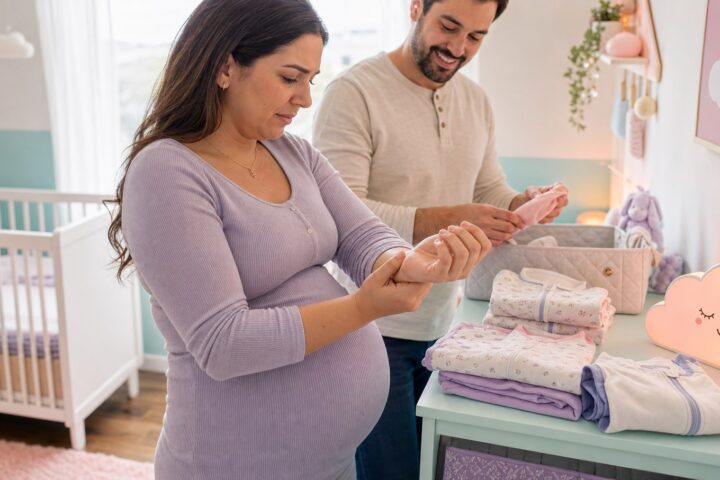 Pregnant woman rubs one wrist beside folded baby sleepwear while her partner helps at a mint nursery dresser.