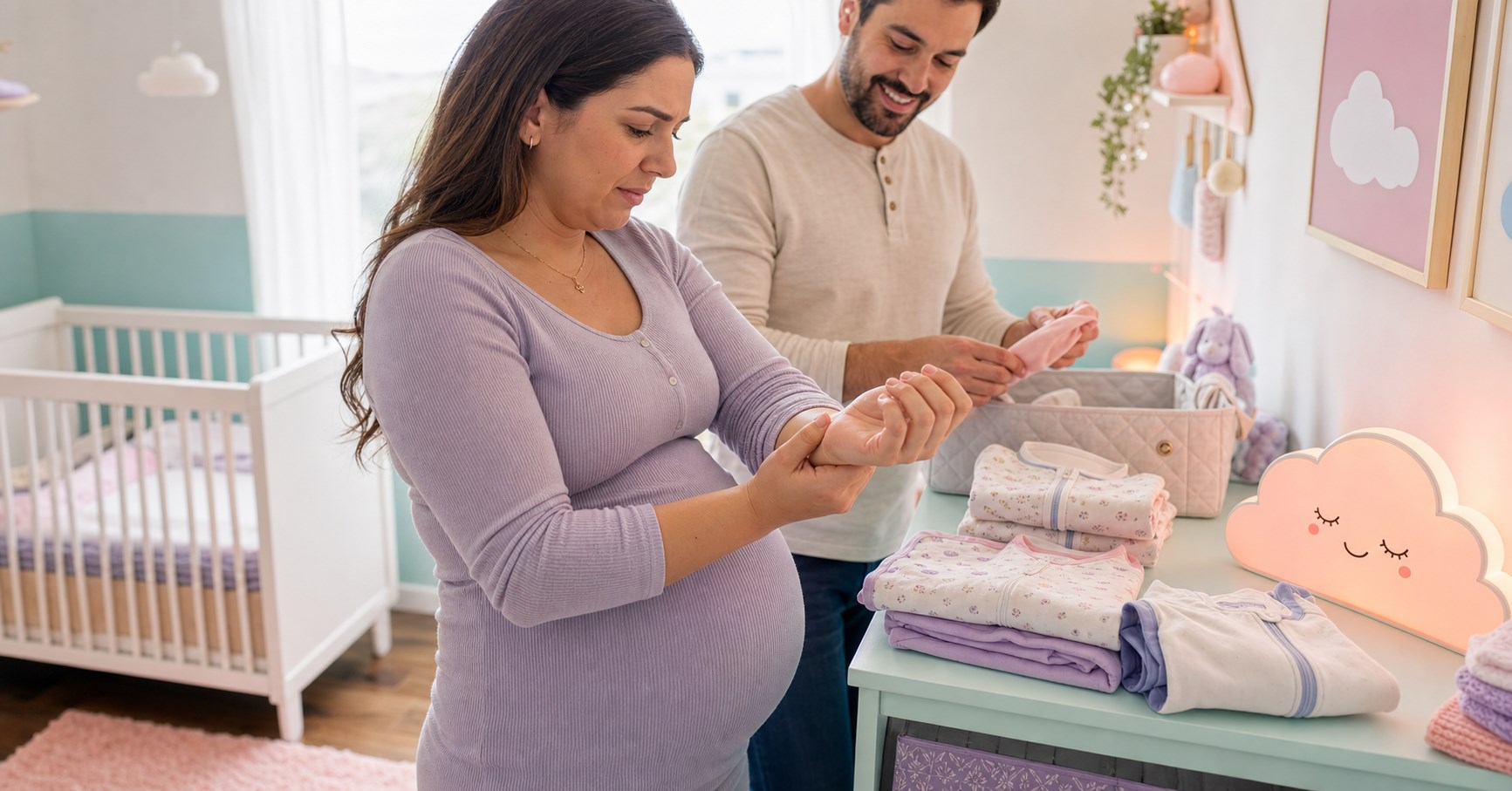 Pregnant woman rubs one wrist beside folded baby sleepwear while her partner helps at a mint nursery dresser.