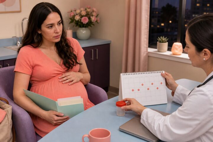Pregnant woman meets with a clinician who reviews a calendar of recurring symptoms beside a sealed sample container.
