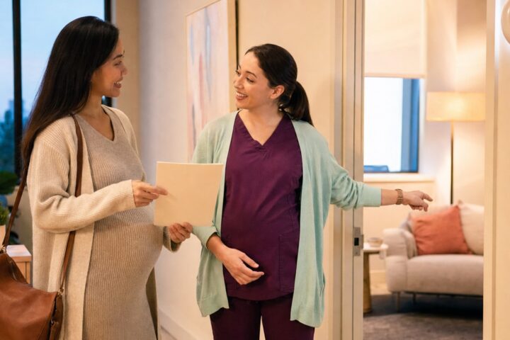 Pregnant woman holding an appointment folder smiles as a clinician welcomes her into a consultation room.