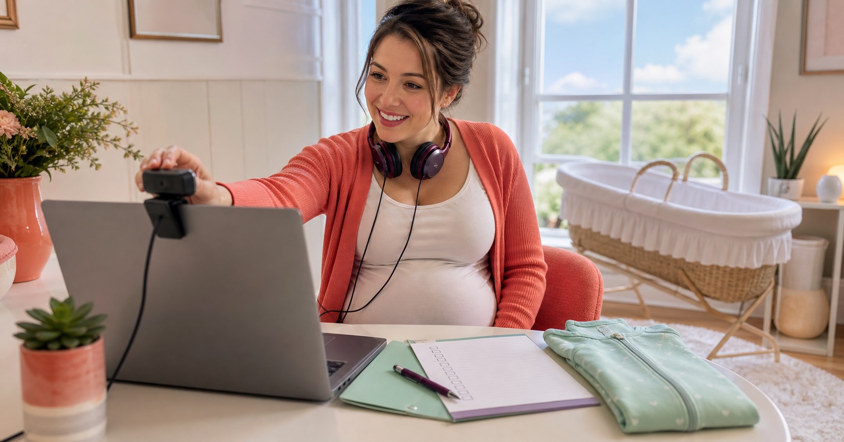 Smiling pregnant woman adjusts a webcam beside a laptop, headset, checklist, and baby sleep sack.