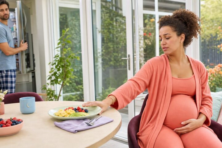 Pregnant woman gently pushes away an untouched breakfast while her partner watches from the kitchen.
