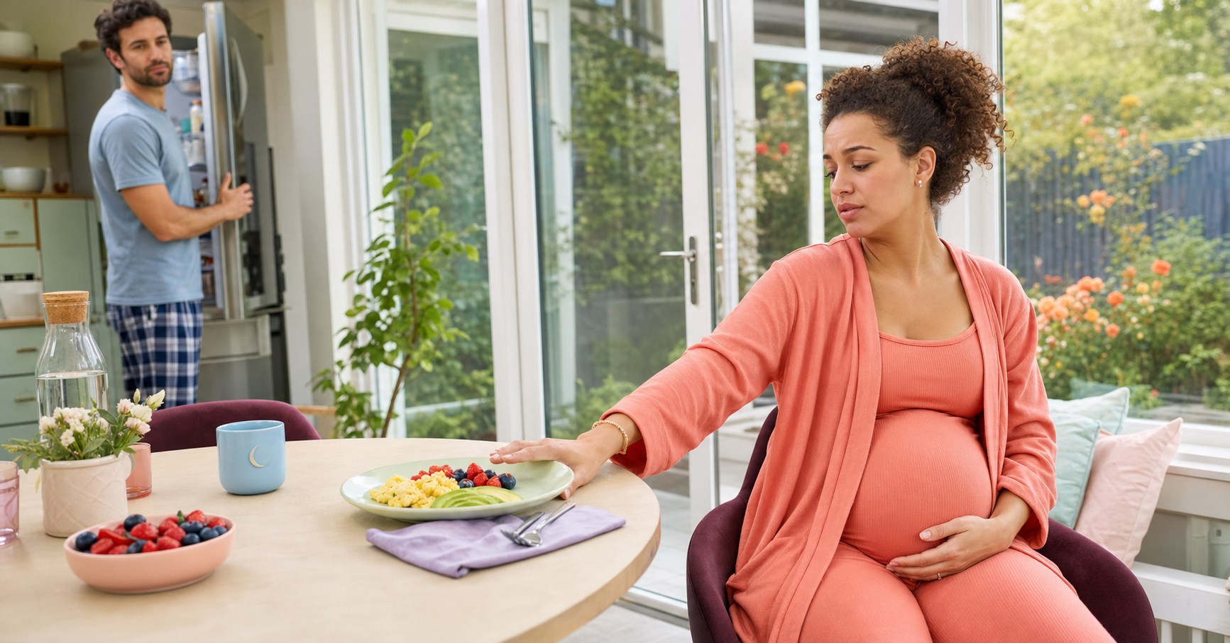Pregnant woman gently pushes away an untouched breakfast while her partner watches from the kitchen.