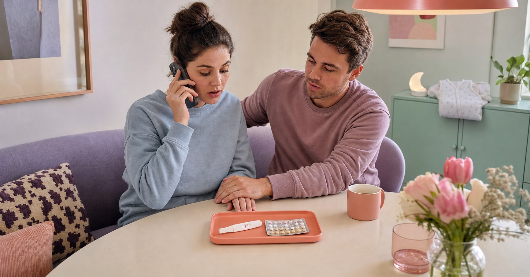 Woman calls a clinician while she and her partner look at a positive pregnancy test and a sealed birth-control pill pack on the table.