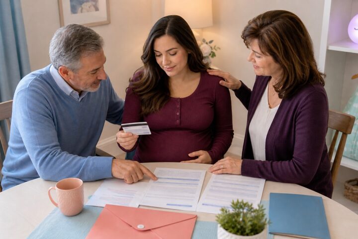 Pregnant woman holds an insurance card while her parents help review benefit forms at a table.