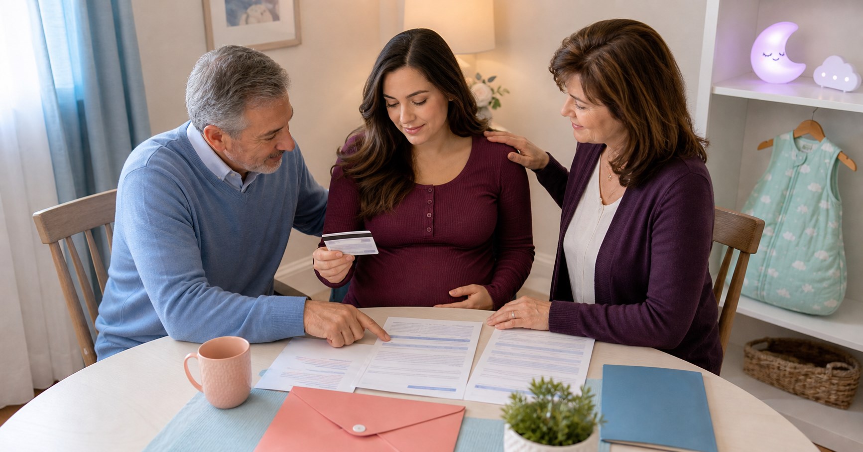 Pregnant woman holds an insurance card while her parents help review benefit forms at a table.