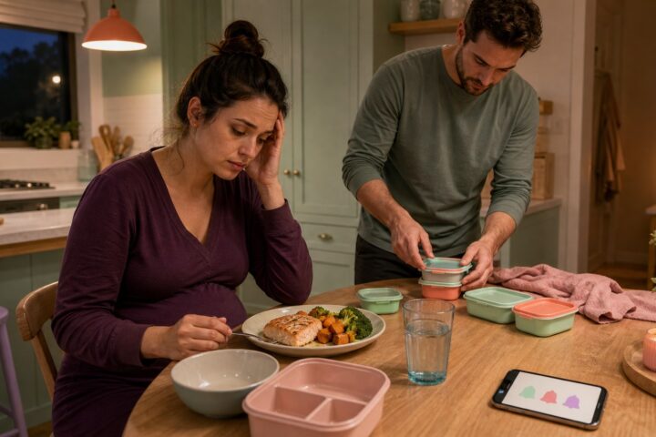 Tired pregnant woman sits with one evening meal while her partner prepares pastel snack containers for the next day.