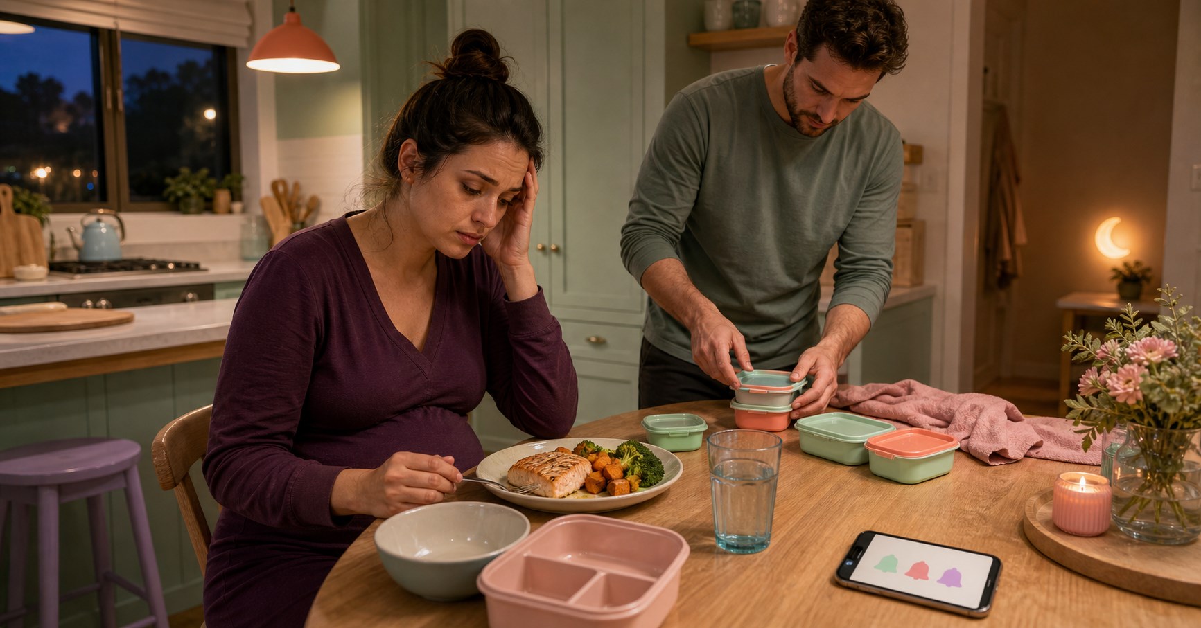 Tired pregnant woman sits with one evening meal while her partner prepares pastel snack containers for the next day.