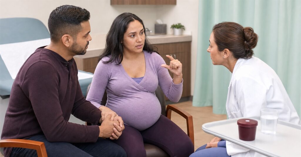 Pregnant patient shows the size of a passed clot with her fingers while a clinician listens and her partner holds her hand.