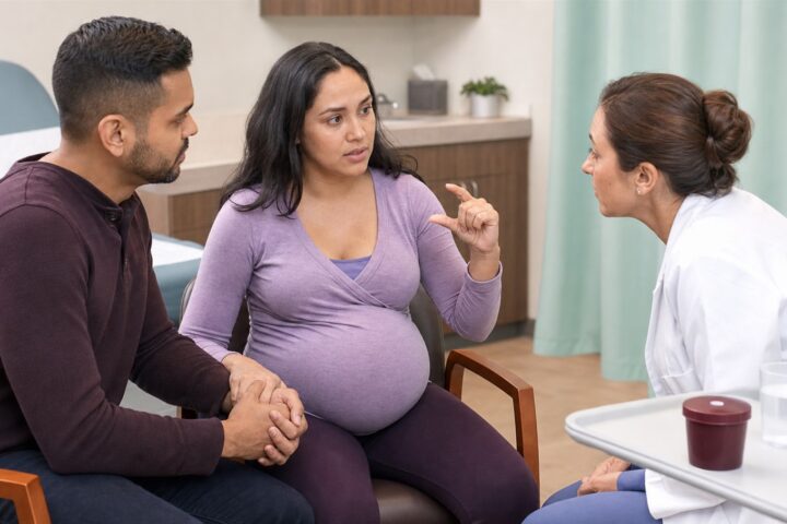 Pregnant patient shows the size of a passed clot with her fingers while a clinician listens and her partner holds her hand.