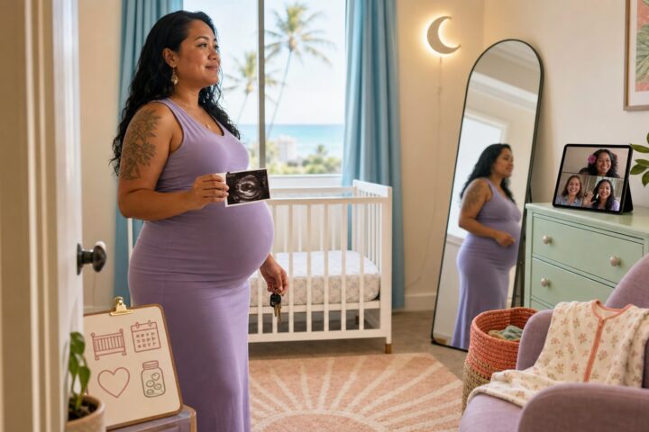 Pregnant woman stands alone in her nursery holding an ultrasound and apartment key while friends join by video call.