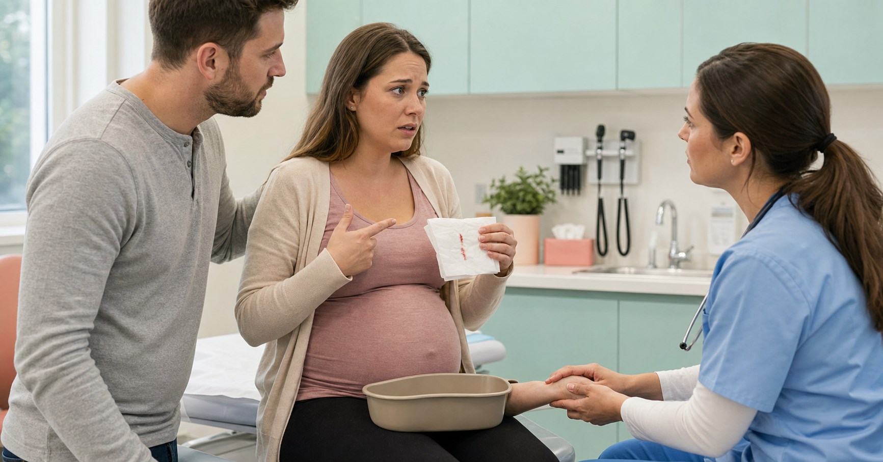 Pregnant woman holds an emesis basin and a tissue with a small blood streak while a clinician checks her pulse.