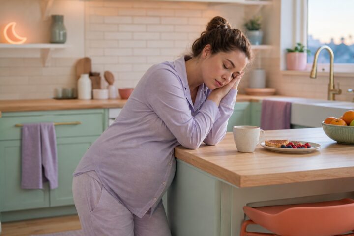 Pregnant woman in lavender pajamas rests her head on her hands at a mint kitchen island beside an untouched breakfast.