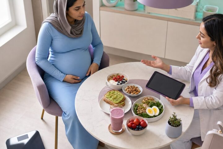 Pregnant woman discusses a table of nourishing foods with a dietitian while a digital scale sits nearby.