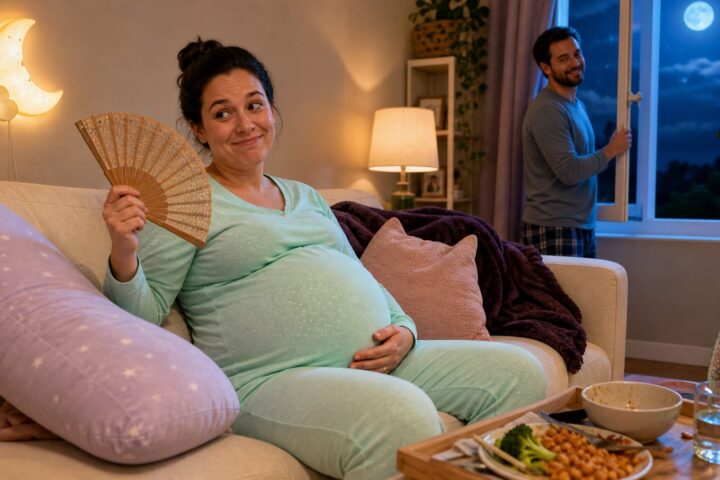 Pregnant woman in mint pajamas fans the air on a sofa while her smiling partner opens a window after dinner.