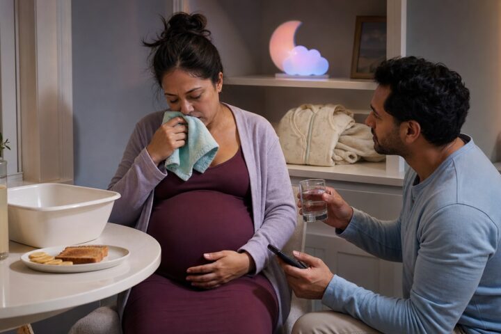 Pregnant woman holds a cool washcloth near her mouth while her partner offers water beside an untouched plate of toast