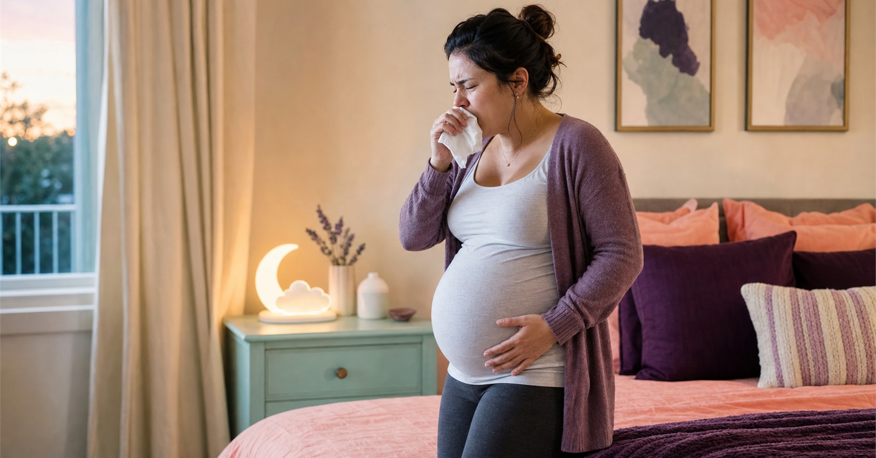 Pregnant woman coughing into a tissue while holding her belly beside a coral bed and glowing moon lamp.