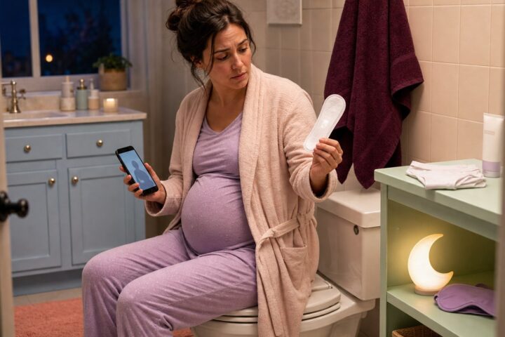 Pregnant woman in pajamas examines a white pantyliner while speaking with a telehealth clinician in her bathroom.