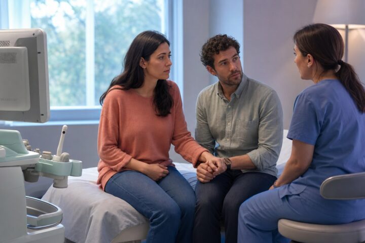 A patient and partner hold hands while speaking with a clinician beside an ultrasound machine whose monitor faces away.