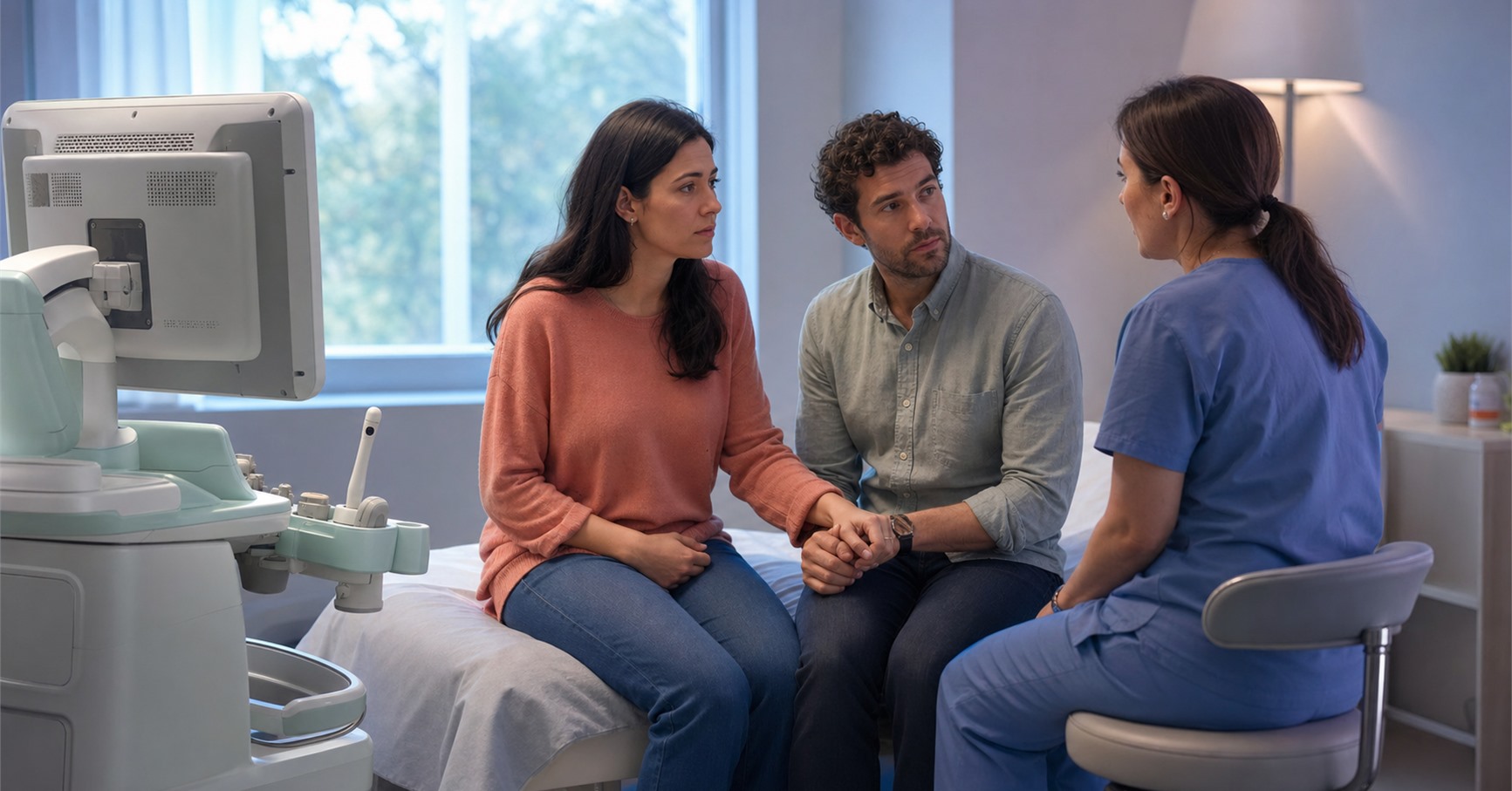 A patient and partner hold hands while speaking with a clinician beside an ultrasound machine whose monitor faces away.