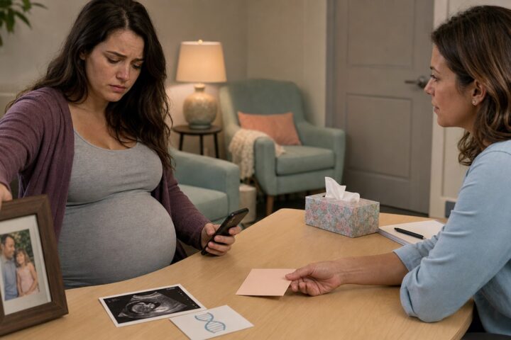 Pregnant woman turns down a childhood photo with her father beside an ultrasound and DNA card during counseling.