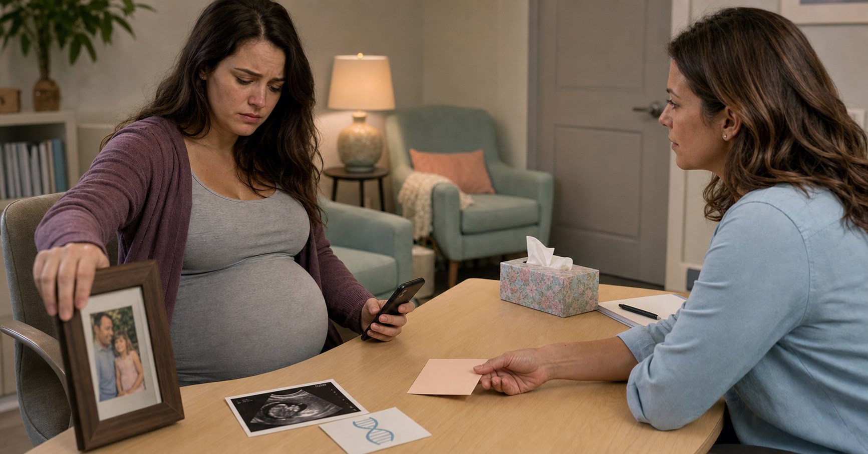 Pregnant woman turns down a childhood photo with her father beside an ultrasound and DNA card during counseling.
