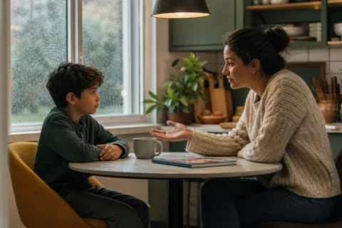 Mother speaking calmly with her school-age son across a kitchen table on a rainy afternoon.