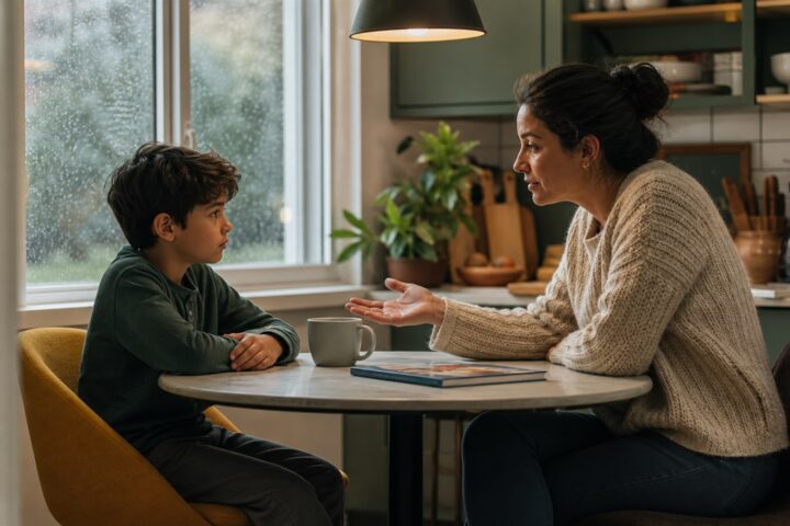 Mother speaking calmly with her school-age son across a kitchen table on a rainy afternoon.