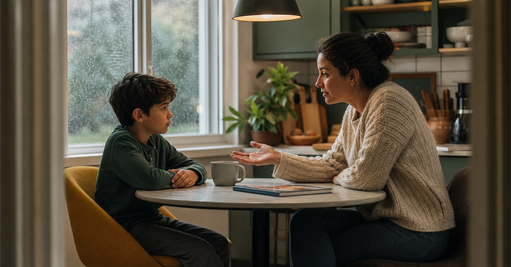 Mother speaking calmly with her school-age son across a kitchen table on a rainy afternoon.
