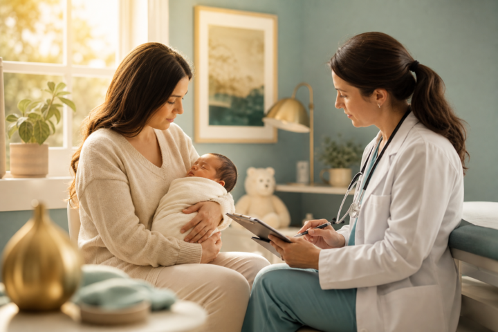 Parent holding a swaddled baby while a doctor reviews notes in a softly lit exam room.