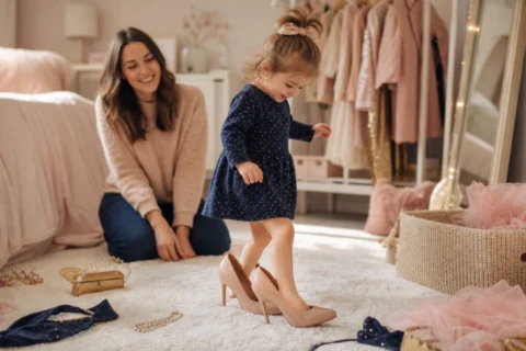 A toddler standing in oversized heels in a bedroom while a parent smiles nearby.