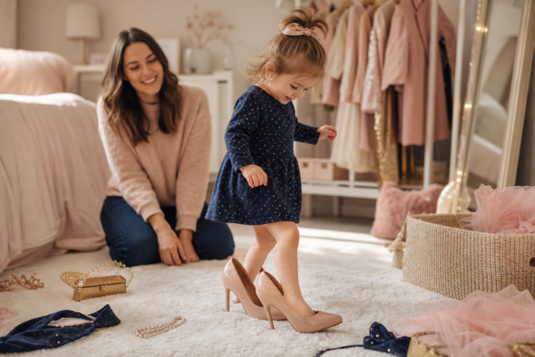 A toddler standing in oversized heels in a bedroom while a parent smiles nearby.
