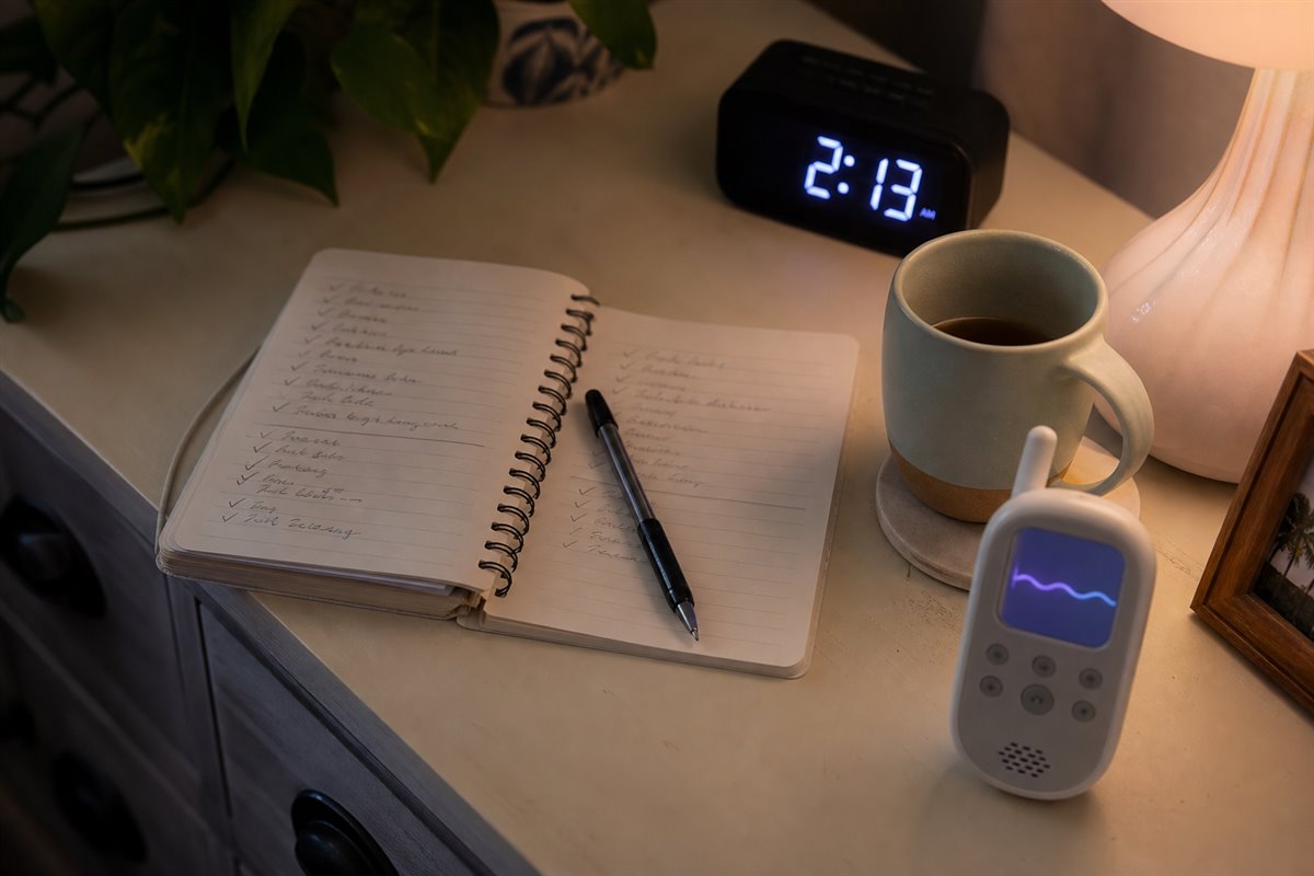 Kacey’s bedside sleep notebook, a clock showing 2:13 a.m., tea, and a baby monitor
