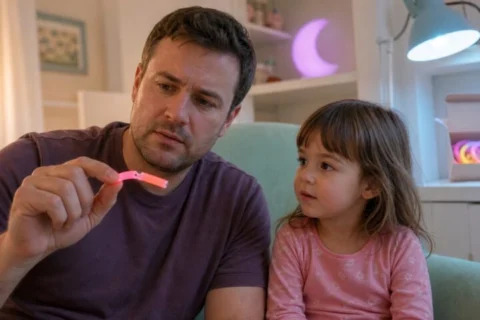 Concerned father holds a bent, punctured pink glow bracelet while his young daughter watches from a mint chair.