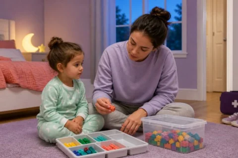 Parent holding a small coral interlocking toy brick while counting colorful bricks into a lidded box beside a calm child at bedtime
