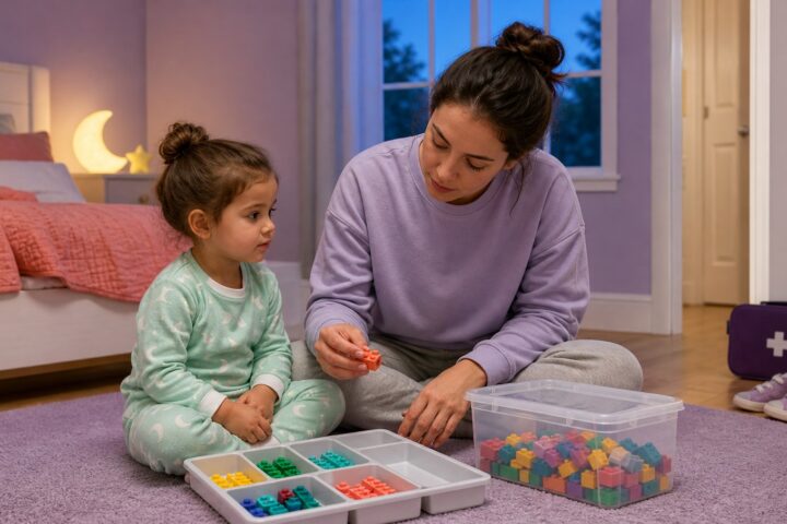 Parent holding a small coral interlocking toy brick while counting colorful bricks into a lidded box beside a calm child at bedtime