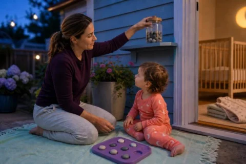 Parent placing a lidded jar of pebbles high out of reach while a calm toddler sits with empty hands on a mint patio blanket
