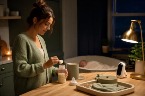 Parent preparing a baby bottle at a kitchen counter with a baby monitor and sleeping baby in the background.