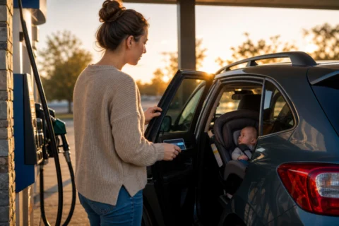 Parent stands beside an open car door at a gas station while a baby sits secured in a rear-facing car seat.